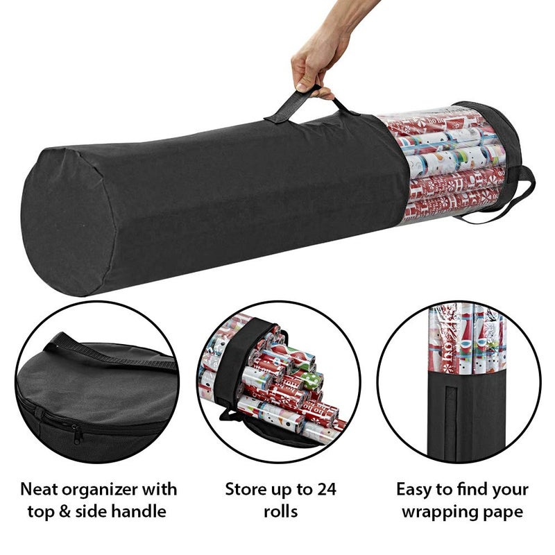 ProPik Wrapping Paper Storage Organizer Bag, Store Up To 24 Rolls 40 Inch, Heavy Duty Polyester plus PVC Clear Bag with Handles and Zippered Top for Gift Wrap and Ribbons (Black) - Image 3